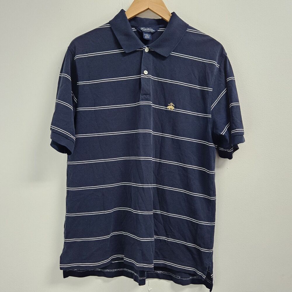 Brooks Brothers Polo Shirt Men's Large Navy Blue White Stripes